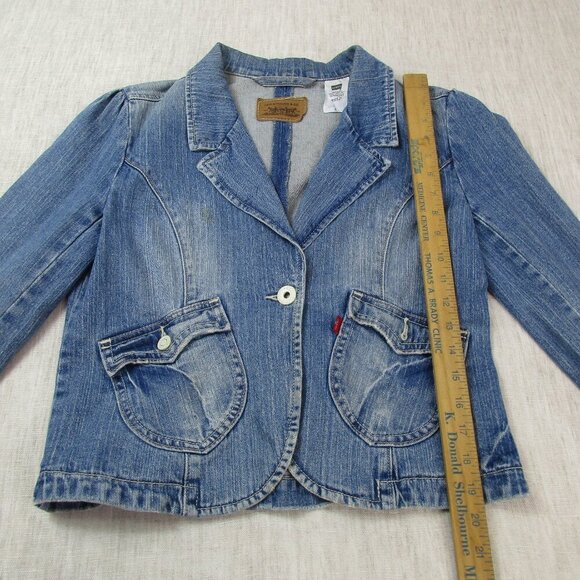 Levi's Trucker Jacket Women's Large Blue Denim Cropped Long Sleeve‎ Button Front - Picture 11 of 14